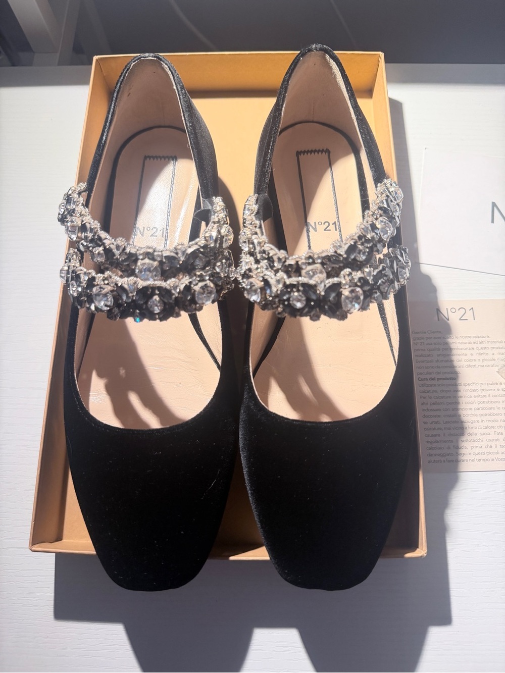 N21 Black Velvet Jeweled Mary Jane Flats